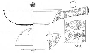 PAT-4069 - Patère Type Tassinari H2100, fleuron
bronze
Patère à vasque arrondie et bord épaissi, fond plat simplement orné de cercles incisés concentriques, posé sur trois supports rapportés, de forme triangulaire. Filets incisés au tour à l'intérieur de la vasque et à l'extérieur, sous le bord. Manche tubulaire, orné de pampres, et terminé par un médaillon rapporté (fixé par brasure) figurant un simple fleuron.