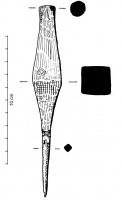 PCN-4002 - Poinçon ou alène
fer
Sorte d'alène à corps fortement renflé, de section carrée, et pointe effilée de section également a-carrée, avec parfois un décor ou une marque incisée sur le côté; au sommet, plan de frappe, de section circulaire.