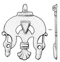 PDH-4008 - Pendant de harnais à charnière
bronze
TPQ : 50 - TAQ : 150
Pendant de harnais coulé, massif, à suspension articulée, en forme de feuille dont les deux extrémités latérales remontent sur les côtés; pendant central en forme de palmette barrée d'une moulure transversale.