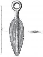 PDQ-1028 - Pendeloque de ceinture lancéolée
bronze
Pendeloque de forme lancéolée, à nervure centrale et longue attache filiforme terminée par un anneau ; aucun décor.