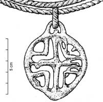 PDQ-1029 - Pendeloque en rouelle
bronze
Pendeloque coulée, à ajours cruciformes imbriqués sur deux ou trois niveaux; bélière de suspension sur la plupart des exemplaires.