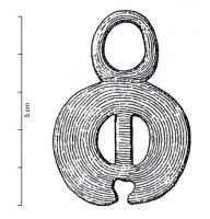 PDQ-1058 - Pendeloque discoïdale
bronze
Pendeloque discoïdale annulaire ; barre diamétrale verticale dans l'ajour ; base lunulée ; bélière non dégagée, sensiblement tangente au disque.