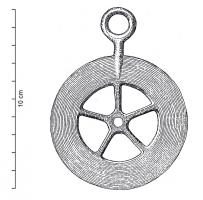 PDQ-1059 - Pendeloque en rouelle
bronze
Pendeloque en forme de rouelle à 5 rayons, large jante ; bélière dégagée ; parfois trou central.