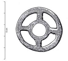 PDQ-1062 - Pendeloque en rouelle
bronze
Rouelle composée de 2 cercles concentriques reliés par quatre rayons répartis symétriquement ; pas de bélière.