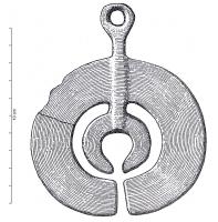 PDQ-1063 - Pendeloque crescentiforme
bronze
Pendeloque en forme de croissant à l'intérieur duquel se trouve un deuxième croissant plus petit ; bélière dégagée.
