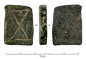 PDS-3009 - Poids (?) ibérique
bronze
Plaquette rectangulaire coulée et découpée ; motif géométrique gravé sur une face.