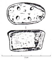 PDS-4444 - Poids ovale (section de cône ovalisé) : 4 unciae ou 1 triens
plomb
Poids de forme ovale, aux côtés obliques; face supérieure lisse, ou marquée de quatre points, pour 4 unciae.