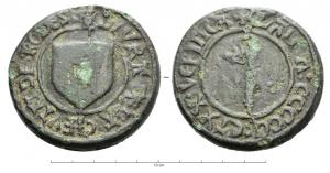 PDS-8003 - Poids de ville : RodezbronzeTPQ : 1520 - TAQ : 1520Poids cylindrique moulé, émission de 1520; A/ Ecu nu + LIVRA DE LA CIEVTAT DE . RODES. R/. Crosse épiscopale + LAN . M : CCCCC : ET. XX : VERIFICA.