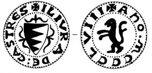 PDS-9123 - Poids de ville : CastresbronzeTPQ : 1358 - TAQ : 1358Poids de ville aux armes de Castres (Tarn) : parti émanché d'argent et de gueules de quatre pièces mouvant d'un flanc à l'autre, au chef d'azur chargé de trois fleurs de lys d'or.