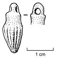 PDT-4002 - Pendant en fritte de type Poilhes
verre
Pendant en fritte bleue, moulé, en forme de pomme de pin (?) : fusiforme avec des stries verticales.