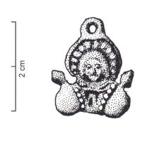 PDT-8003 - Pendentif : saint
bronze
Pendentif figurant le haut du corps d'un saint auréolé : buste accosté dedeux attributs symétriques ; anneau de suspension.