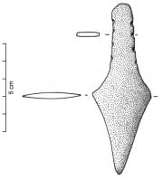 PGD-0002 - Poignard à languette bipartite, de type Soyons
cuivre
Poignard à lame triangulaire courte, languette bipartite, de garde large et non perforée.