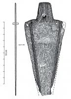 PGD-1029 - Poignard à languette de garde large, de type armoricain
bronze
Poignard à lame triangulaire souvent décorée de cannelures bordant les tranchants ; languette de garde large perforée de 4 à 6 trous de rivet ; petite languette de fusée.