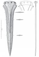 PGD-1031 - Poignard de type Tréboul-Saint-Brandan
bronze
Poignard à languette débordante très large, à 2 ou 4 rivets, à lame très effilée décorée de stries parallèles aux tranchants.