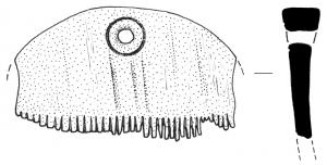 PGN-4001 - Peigne monobloc en bois à une rangée de dents et sommet arrondi
bois
Peigne en bois à une seule rangée de dents, sommet arrondi ; en général, trou de suspension centré.