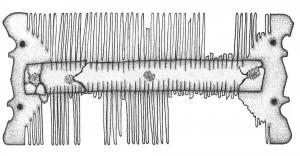 PGN-4005 - Peigne orné à deux rangées de dents (Ashby 10)
os ou bois de cerf
Peigne à deux rangées de dents opposées et de largeur différente, composées d'éléments juxtaposés et maintenus ensemble par deux barres (ou renforts) rectilignes, de section arrondie sur l'extérieur ; extrémités rectilignes ou découpées.