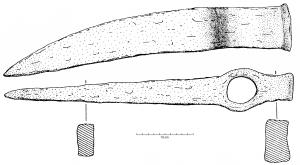 PIC-4002 - Pic
fer
Très robuste outil, de section rectangulaire épaisse, comportant une longue tige massive légèrement recourbée à la pointe; au-delà de l'emmanchement, le talon peut être épaissi pour former une masse.
L’œil circulaire est percé au centre d'un renflement.