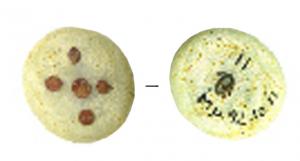 PIO-4041 - Pion de jeu en verre
verre
Pion en verre opaque blanc ou jaune très clair, avec cinq yeux rapportés (couleur rouge ou brune) disposés en croix, sur une simple gouttelette de verre déposée à l'état pâteux sur une surface plane; une autre tache de même teinte a été posée au revers de l'objet.