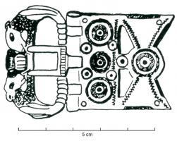 PLB-4002 - Plaque-boucle de type Muids
bronze
Plaque-boucle rigide ou articulée, associant une plaque rectangulaire dont le motif ajouré reproduit celui des appliques sans aucun dourte associées, en forme d'