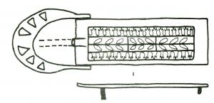 PLB-4071 - Plaque-boucle de cingulum
bronze
Plaque-boucle à plaque rectangulaire émaillée (champ rectangulaire avec motifs en frises parallèles) ; sur la boucle, en D souvent outrepassé, décor de petites loges d'émail, soit en feuilles crénelées, soit triangulaires.