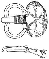 PLB-5121 - Plaque-boucle articulée
bronze
Plaque mince, repliée et rivetée vers l'arrfière, de forme ovale, ornée de motifs gravés a tremolo.