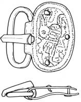PLB-5124 - Plaque-boucle articuléebronzeTPQ : 440 - TAQ : 500Plaque-boucle articulée en tôle, les deux faces de la plaque étant reliées par des rivets maintenant plaque et ceinture ; boucle en D très allongé ; plaque ovale avec souvent un décor gravé ou poinçonné.