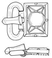 PLB-5149 - Plaque-boucle articuléebronzeTPQ : 450 - TAQ : 600Plaque-boucle articulée dont la plaque (plus haute que large) comporte un compartiment à caisson fixé sur une plaque de fond; elle est divisée en logettes séparées par des cloisons verticales en tôle: dessins variés mais avec un médaillon central, parfois une intaille antique recyclée.