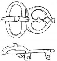 PLB-5165 - Plaque-boucle rigidebronzeTPQ : 620 - TAQ : 675Plaque-boucle non articulée, à boucle ovale étroite, encochée pour le repos d'ardillon ; la plaque, de taille modeste et terminée par un bouton, porte un décor d'ajours dégageant un axe longidudinal ; au revers, bélières coulées pour la fixation sur la ceinture.