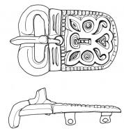 PLB-5187 - Plaque-boucle rigidebronzeTPQ : 570 - TAQ : 625Plaque-boucle non articulée, à boucle réniforme encochée pour le repos d'ardillon ; la plaque est rectangulaire avec des angles arrondis, et un décor profondément incisé dans une bordure guillochée ; au revers, bélières coulées permettant de fixer la boucle sur la ceinture.