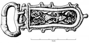 PLB-5562 - Plaque-boucle lyriforme wisigothiquebronzeTPQ : 640 - TAQ : 700Plaque-boucle lyriforme à bords rectilignes ou légèrement concaves, ergots sur le pourtour et bouton terminal ; décor couvrant, d'inspiration graphique ou végétale; boucle articulée par deux charnons; au revers, trois bélières coulées pour la fixation sur le cuir.