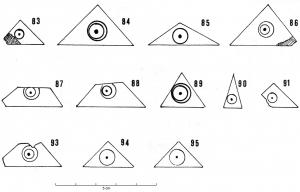 PQM-4007 - Placage de coffret
os
Placage (de coffret ?), de section rectangulaire et de forme triangulaire, creusé au centre d'un double cercle oculé. Revers laissé brut avec traces de sciage, pour faciliter le collage.