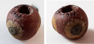 PRL-3607 - Perle annulaire à décor oculé
verre
Perle sub-sphérique de proportions égales (D. perforation = D. section), en verre rouge foncé, comportant plusieurs yeux rapportés en verre blanc opaque, sombre, bleu clair et bleu foncé.
Diamètre externe de l'ordre de 10 à 15 mm.