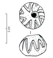 PRL-4065 - Perle
verre
TPQ : -30 - TAQ : 200
Grosse perle bitronconique en verre sombre, filet rapporté de verre jaune sur le diamètre.