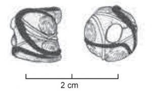 PRL-4078 - Perle subcylindrique à décor oculé et de filet
verre
TPQ : 300 - TAQ : 500
Perle en verre sombre opaque à décor oculé et dede filets s'entrecroisant. La couleur des filets et des