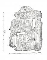 PSE-3002 - Plaque de serrure ou foncet
fer
Plaque de serrure rectangulaire avec deux ouvertures elles-aussi rectangulaires séparées et disposées en équerre.