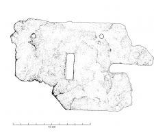 PSE-4022 - Plaque de serrure
fer
Plaque de serrure rectangulaire avec une ouverture rectangulaire horizontale pour le passage d'un moraillon et une ouverture rectangulaire verticale pour l'accueillage de la clé. Présence possible d'une seconde perforation rectangulaire destinée à recevoir l'auberon.