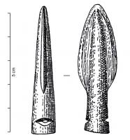 PTF-1027 - Pointe de flèche à douille
bronze
Pointe de flèche de forme foliacée, à douille de section circulaire, percée de deux trous. La douille se prolonge jusqu'à l'extrémité de la pointe.