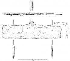 PTI-5001 - Peigne de métier à tisser
fer, os
Lame rectangulaire allongée, de 16 à 30cm de long, finement dentelée sur un long côté; le côté opposé, souvent pourvu de décors filiformes ondés, est relié à une soie perpendiculaire qui recevait un manche court, parfois conservé sous la forme d'un tube en os ou bois de cerf.