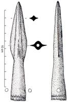 PTL-1008 - Pointe de lance à longue douille
bronze
Pointe de lance de taille moyenne (longueur totale comprise entre 12 et 20 cm), à douille longue à deux perforations symétriques ; la partie de la douille située entre les aillerons est carénée; douille ornée de motifs géométriques divers.