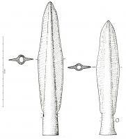 PTL-1028 - Pointe de lance à douille courte : type Vénat
bronze
Pointe de lance inornée, à douille très courte. Les ailerons ont un contour losangique marqué à la pointe, par une petite inflexion. Ils démarrent généralement de la douille par un petit épaulement. La douille se prolonge jusqu'à la pointe. La longueur totale de l'arme dépasse parfois 20 cm.