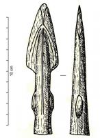 PTL-1039 - Pointe de lance à œillets sur la douille
bronze
Pointe de lance portant deux œillets situés dans la zone médiane de la partie libre de la douille. Variante à ailerons anguleux.