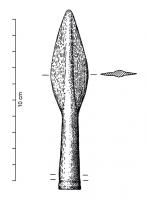PTL-1046 - Pointe de lance à douille longue
bronze
Petite pointe de lance (longueur totale inférieure à 12 cm), à douille longue ornée de cannelures.