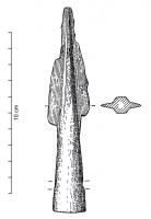 PTL-1047 - Pointe de lance à douille longue
bronze
Pointe de lance de taille moyenne (longueur totale comprise entre 12 et 20 cm), inornée, à douille longue, dont la section ronde dans sa partie libre devient progressivement hexagonale dans la partie comprise entre les ailerons.