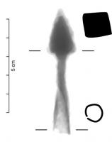 PTT-6001 - Carreau d'arbalète pyramidal, trapu
fer
Pointe triangulaire assez massive avec une section triangulaire ou carrée selon les cas. Le type est relativement court avec une douille conique formée par enroulement d'une feuille de métal battue. Variante trapue du type Serdon D3.