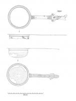 PUI-4006 - Puisoir de type Eggers 159-160
bronze
Puisoir et/ou passoire martelée, à cuve hémisphérique avec parfois une carène sous le bord ; manche plat en queue d'aronde (parfois dit