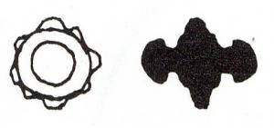 RUL-4012 - Rouelle : Type B1e
bronze
Rouelle en bronze dont le diamètre est supérieur à 40mm. Elle est formée de 8 rayons, parfois 10. Le moyeu est proéminent, sa conception est très soignée : il porte des reliefs figurant les frettes.
A Villeneuve-Saint-Germain seuls deux exemplaires ont pu être identifiés, fragmentaires ; ils ne permettent pas de définir le type de jante.
L'exemplaire de Besançon présente une jante large et mince, décorée de 2 lignes concentriques de pointillés en creux.