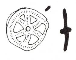 RUL-4016 - Rouelle : Type P1
plomb
Rouelle en Plomb à six rayons. Leur diamètre est de 28/29 mm. Le moyeu est proéminent et la jante est de section aplatie.