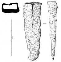 SAR-3001 - Soc d'araire à douille
fer
Soc d'araire de forme massive, à lame rectangulaire et rectiligne, prolongée par une douille également rectangulaire; à ailettes superposées.