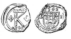 SCL-9013 - Sceau de douane : Lyon, Charles IX
plomb
Sur une face, lettre K (Karolus) couronnée et accostée de deux fleurs de lis ; en dessous, date (1562...); autre face, armes de la ville de Lyon (lion à gauche, sous une bande à trois fleurs de lis), sous la date (1562) et accostées des lettres L et I.