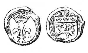 SCL-9014 - Sceau de douane : Lyon, Charles IX
plomb
Sur une face, grande fleur de lis sous une couronne (cercle de grènetis), accostée d'étoiles; autre face, armes de la ville de Lyon (lion à gauche, sous une bande à trois fleurs de lis), sous une date (1565...) et accostées de rameaux.